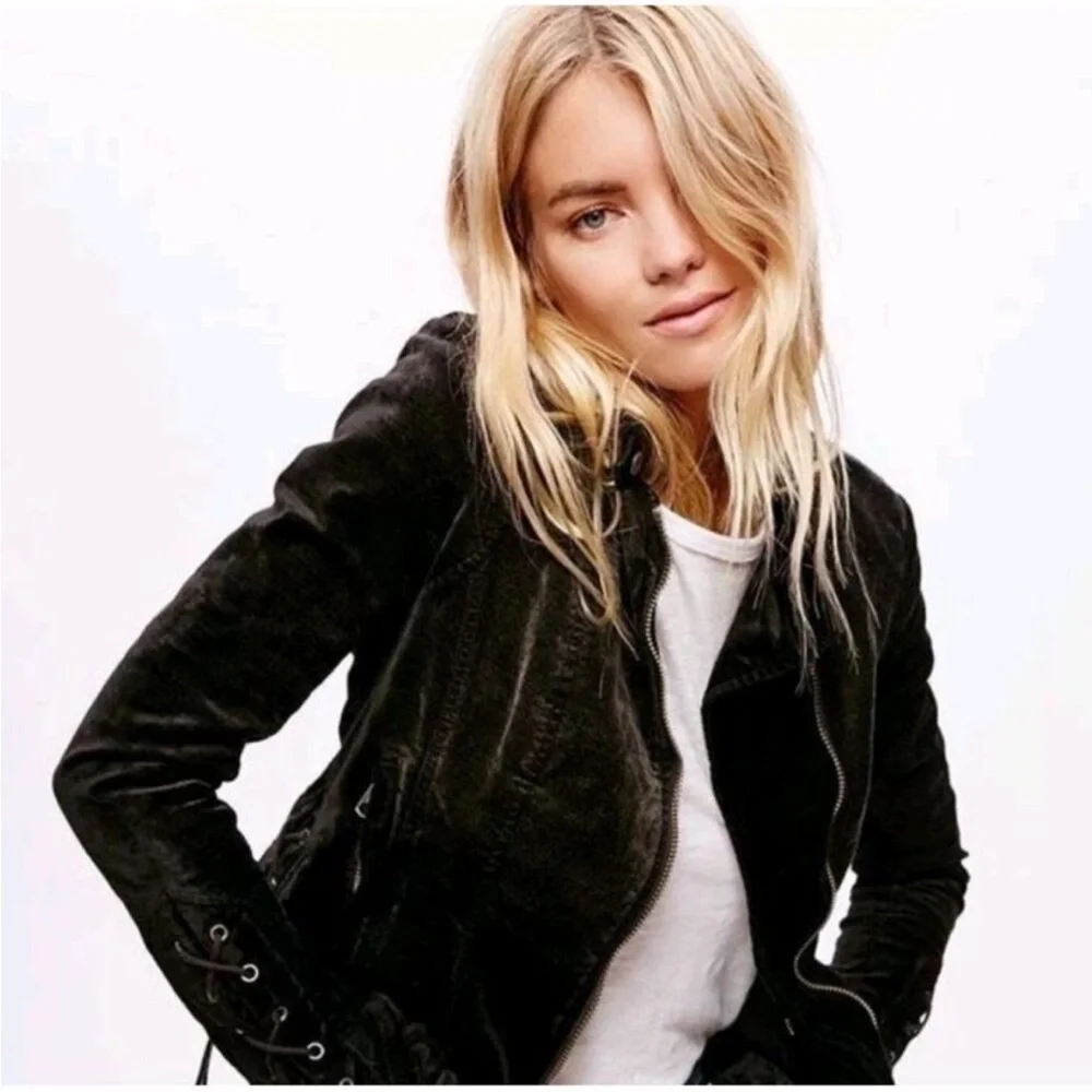 Free People Velvet Moto Laced Sleeve Zipper Jacket Black Size S - Picture 1 of 16